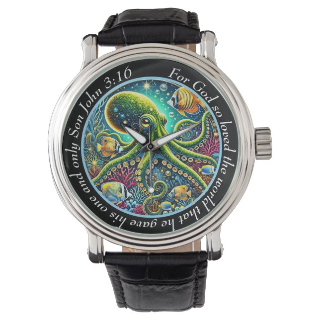 Relógio John 3:16 Vibrant Octopus Timepiece Sea Faith (Frente)