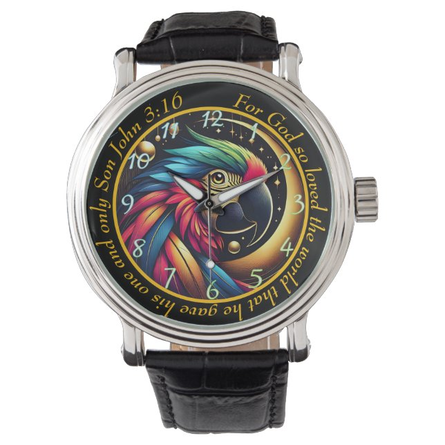 Relógio John 3:16 Vibrant Parrot Timepiece Celestial Faith (Frente)