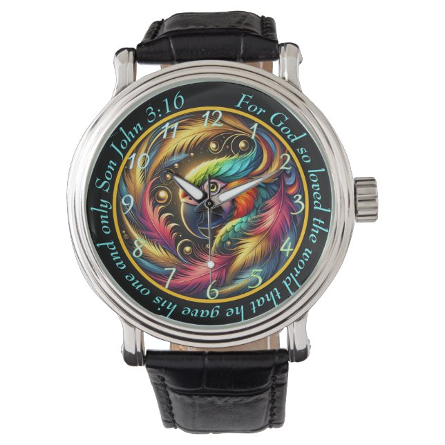 Relógio John 3:16 Vibrant Parrot Timepiece Tropical Faith (Frente)