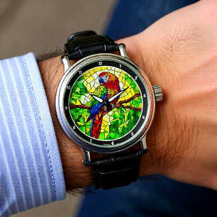 Relógio Jungle Jewel" - Papagaio em Vidro Pintado 