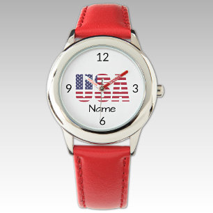 Relógio Kids Stainless Steel Red Leather Strap