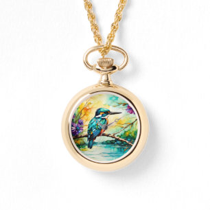 Relógio Kingfisher sobre Água e Flores Selvagens