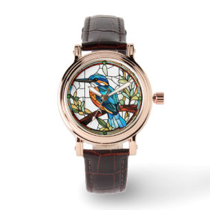 Relógio Kingfisher Vidro Estreito Pássaro Azul Laranja