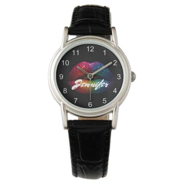 Relógio lábios glitter elegantes personalizados preto eleg (Frente)