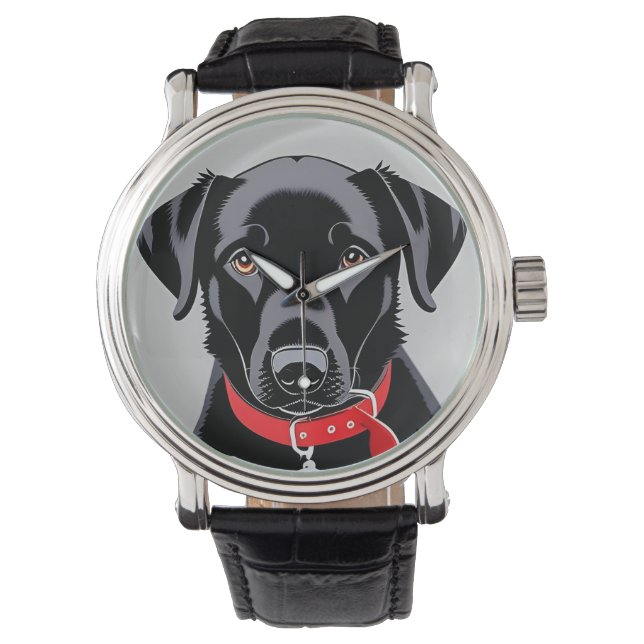Relógio Labrador preto com coleira vermelha (Frente)