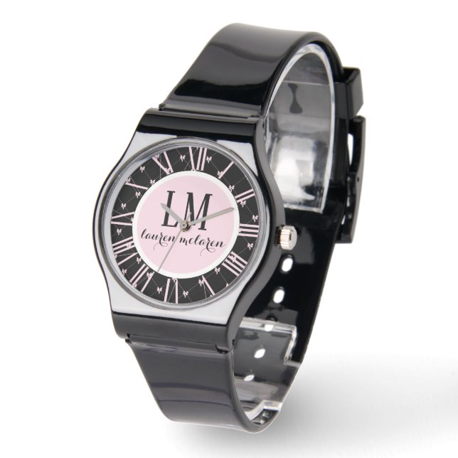 Relógio Laço Preto e Rosa Personalizado (Ângulo)