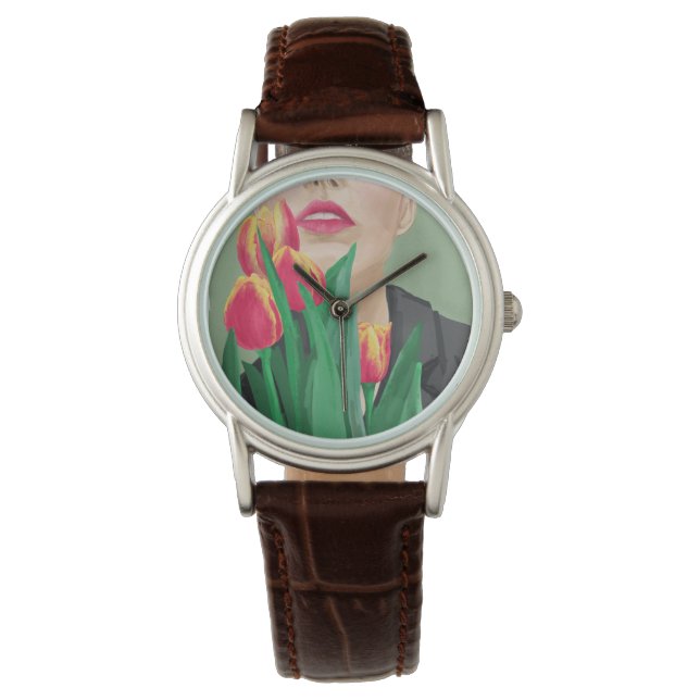 Relógio Lady With Tulip Green & Orange Modern Graphic (Frente)