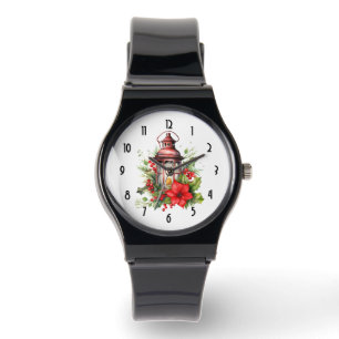 Relógio Lanterna de Natal Vermelho Poinsettia e Pinheiro