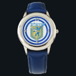 Relógio Leão de Judah Emblem Jerusalém Hebraico<br><div class="desc">Relógio de couro azul de aço inoxidável para crianças com uma imagem de um leão azul e amarelo de Judah emblem em branco com bordas azuis claras e azuis escuras. Face opcional do relógio prateado. Consulte botão quadrado correspondente, charme quadrado, chaveiro de metal grande redondo, chaveiro de acrílico quadrado e...</div>