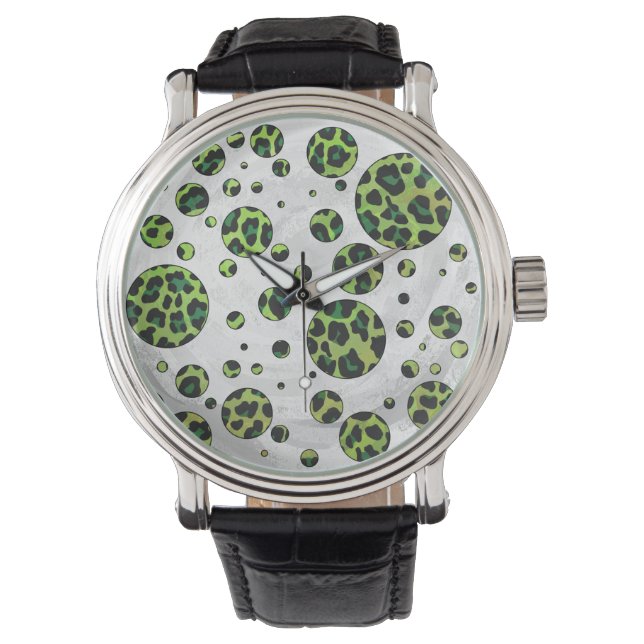 Relógio Leopardo Bolinhas Preto e Verde (Frente)
