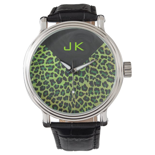Relógio Leopardo Preto e Verde com Monograma (Frente)