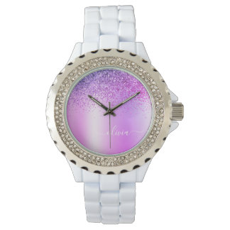 Relógio Letra Garota com Glitter Monograma Roxo