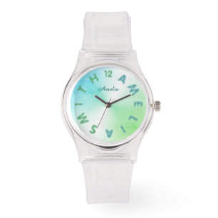 Relógio Letra personalizada Dial Teal Greenery White