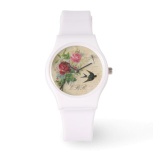 Relógio Libélula floral elegante do pássaro dos rosas do