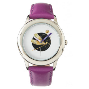 Relógio libélula ouro em círculo preto