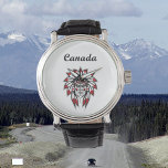 Relógio Líder Indígena Colorido Americano Nativo do Canadá<br><div class="desc">Mostra "Canadá" em texto de script e o chefe de um indiano vestindo um endereço de pena vermelho e branco. O chapéu também é chamado de capô de guerra e é vestido por machos, como um chefe, que são mantidos em alta estima por sua tribo. Este chefe colorido é resoluto...</div>