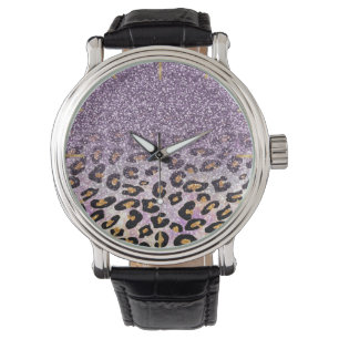 Relógio Linda estampa de leopardo roxo com brilho falso fe