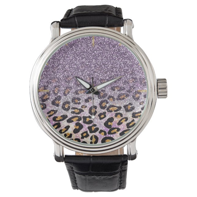 Relógio Linda estampa de leopardo roxo com brilho falso fe (Frente)