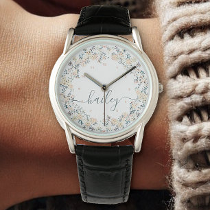 Relógio Linda Flower Wreath Watercolor Branco Botânico