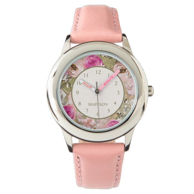 Relógio Lindas Flores Rosa Nome da Criança (Frente)