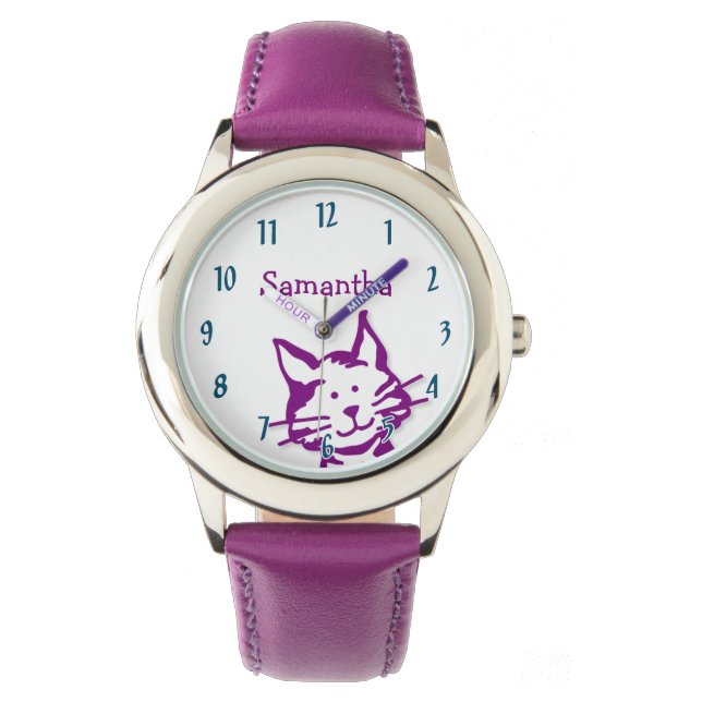Relógio Lindo Gatinho Roxo Espiando Nome Infantil (Frente)