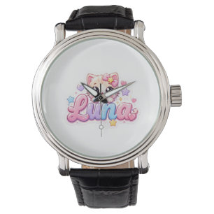 Relógio Lindo Nome de Gato Kawaii Luna Rosa Pastel Brilhan