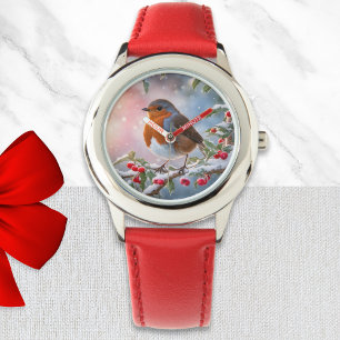Relógio Lindo Papa-Robos Peito-Vermelho Inverno Neve Bonit