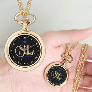 Relógio Linha Azul Fino, Nome e Assinatura Monogramas Dour