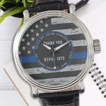 Relógio Linha Azul Fino - Reforma - Obrigado Polícia<br><div class="desc">Celebre e mostre seu apreço a um excelente policial com esta linha azul fina Obrigado, Polícia Watch - design de bandeira americana em cores da polícia, design angustiado. Perfeito para prêmios de serviço e presentes de reforma da polícia. Personalizar com nome, anos de serviço e anos de serviço. COPYRIGHT ©...</div>