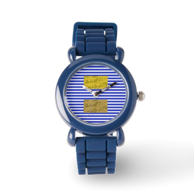 Relógio Listras Legais Azul Dourado Geométrico (Frente)
