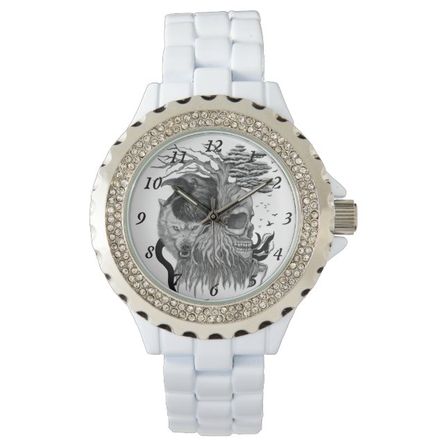 Relógio Lobo e Raven com crânio (Frente)