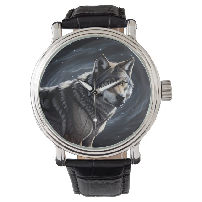 Relógio Lobo Majestoso Sob Céu Estrelado (Frente)