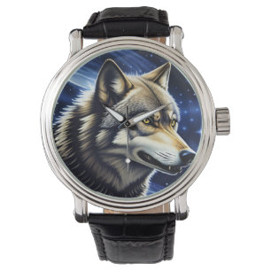 Relógio Lobo Majestoso Sob Céu Estrelado