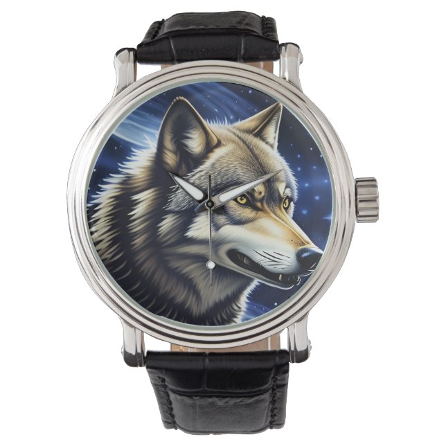 Relógio Lobo Majestoso Sob Céu Estrelado (Frente)