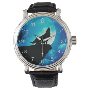 Relógio Lobo na silhueta uivando até a lua de cheio