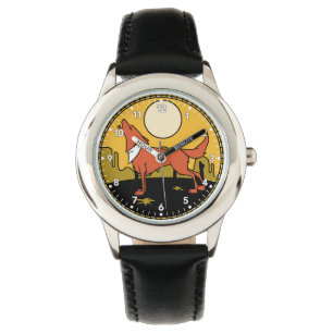 Relógio Lobo no deserto que urra na lua