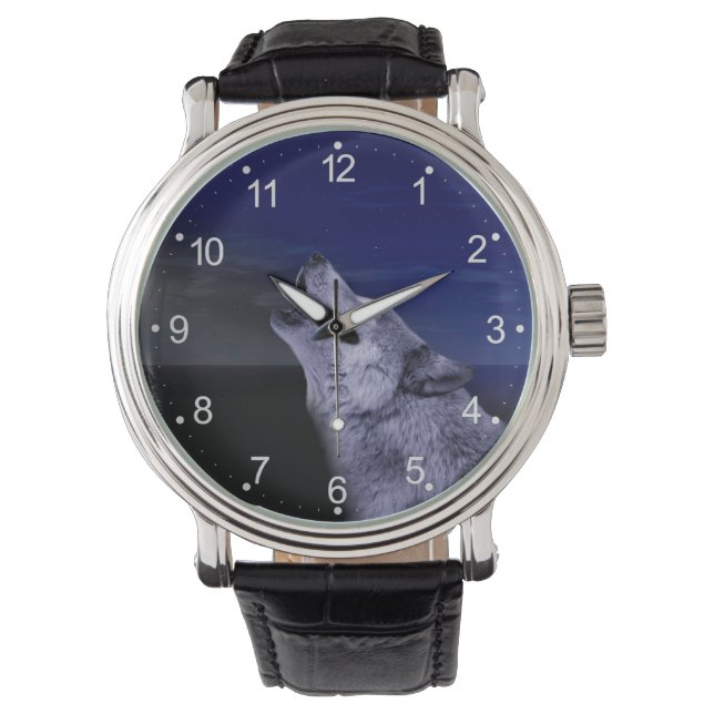 Relógio Lobo uivando na lua no mar (Frente)