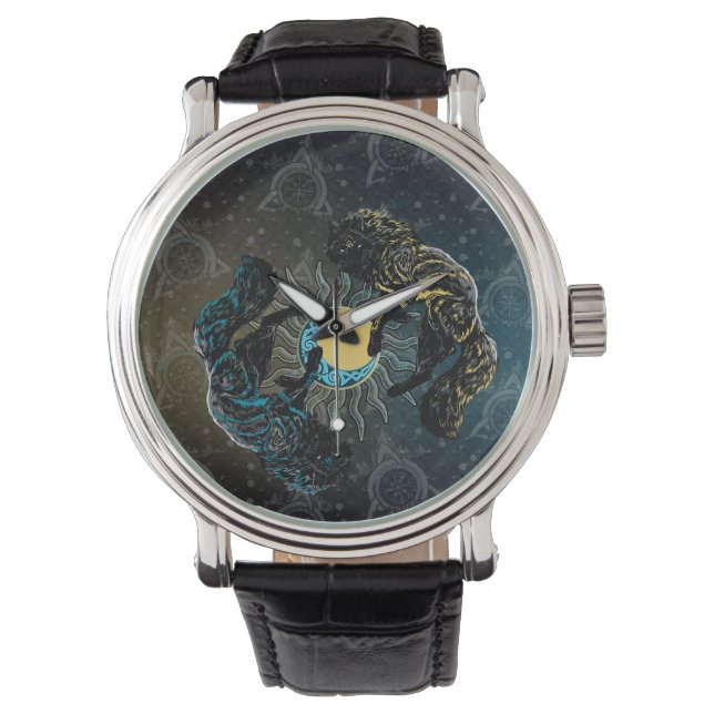 Relógio Lobos Vikings Sol Lua Mitologia Nórdica (Frente)
