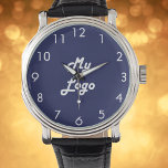 Relógio Logotipo branco azul marinho para empresas<br><div class="desc">Adicione o logotipo da sua própria empresa. Um fundo azul marinho. Perfeito para promover sua empresa e sua marca. Números faciais do relógio branco.</div>