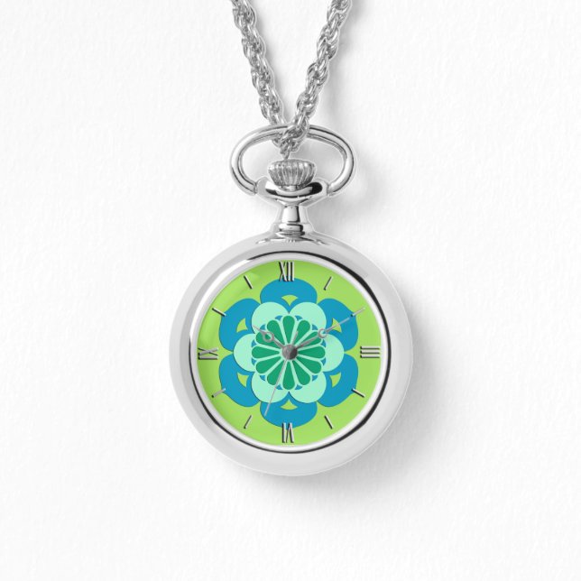 Relógio Lotus Flower Mandala, Verde limão e Azul Claro (Frente)