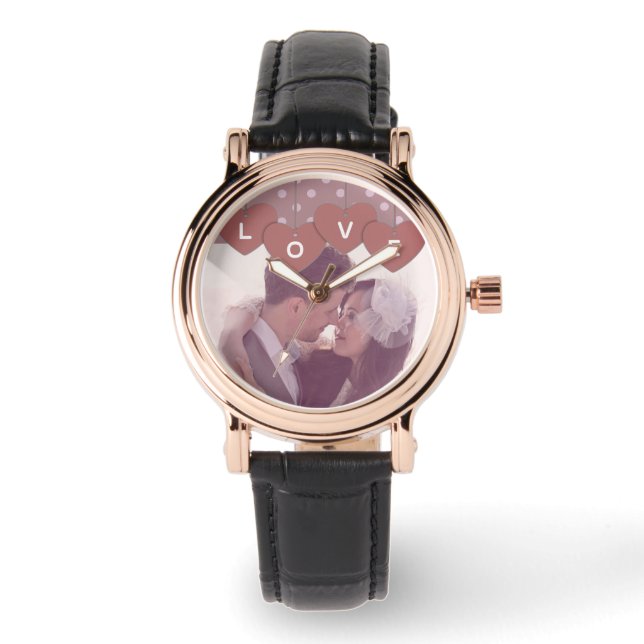 Relógio Love Hearts Banner Romantic Overlaid Custom Photo (Frente)