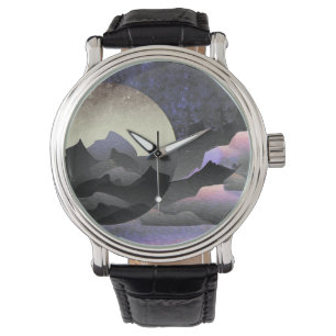 Relógio Lua Caprichosa e Montanhas Arte Abstrata