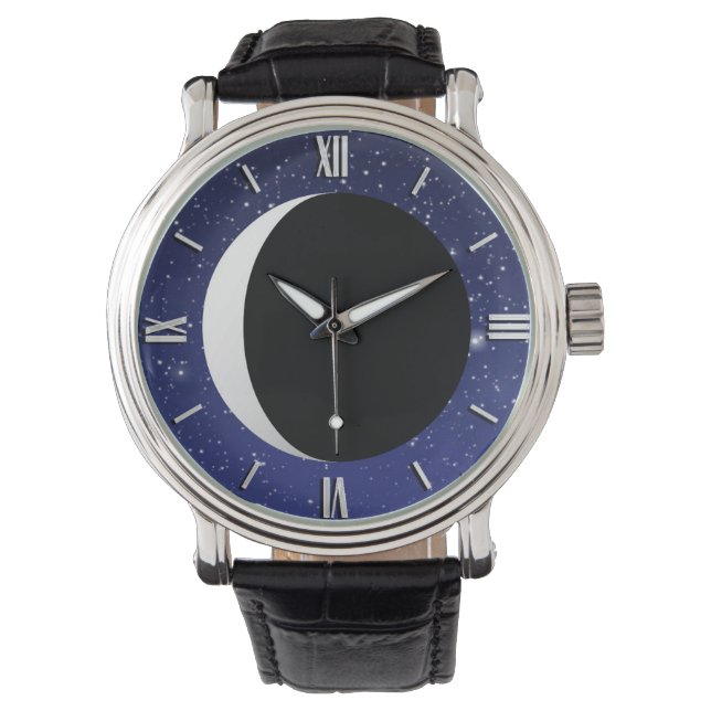 Relógio Lua Crescente sobre um fundo estrelado (Frente)