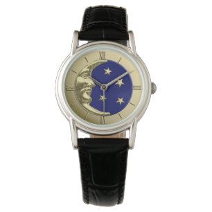 Relógio Lua e estrelas do art deco - azuis marinhos e ouro