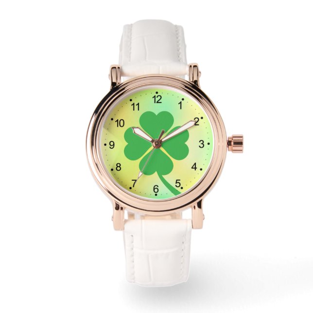 Relógio Lucky Four Shamrock Folha Design-87906 (Frente)