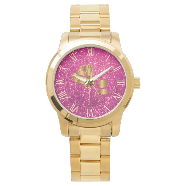 Relógio Luxo Dourado Lípter Rosa Floral com Glitter Watch (Frente)
