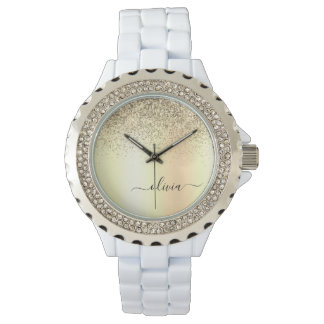 Relógio Luxo Moderno Glitter Dourado Feminino Monograma No