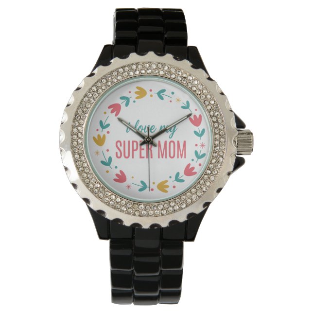 Relógio Luxury Silver Metal Link I Love My Super Mom Watch (Frente)