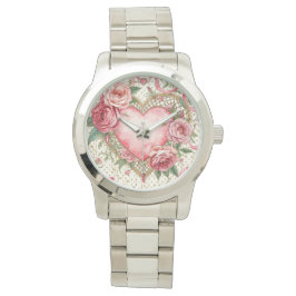 Relógio Luxury, Valentine Day ,Love Pink Heart and Flowers