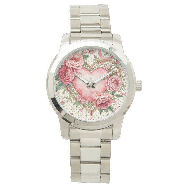 Relógio Luxury, Valentine Day ,Love Pink Heart and Flowers (Frente)